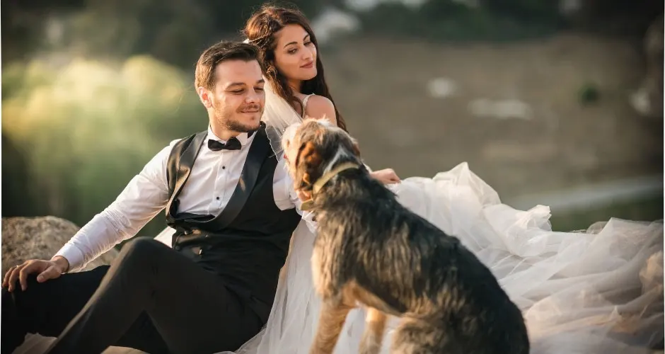 Bride and groom are sitting on the ground with their dog.