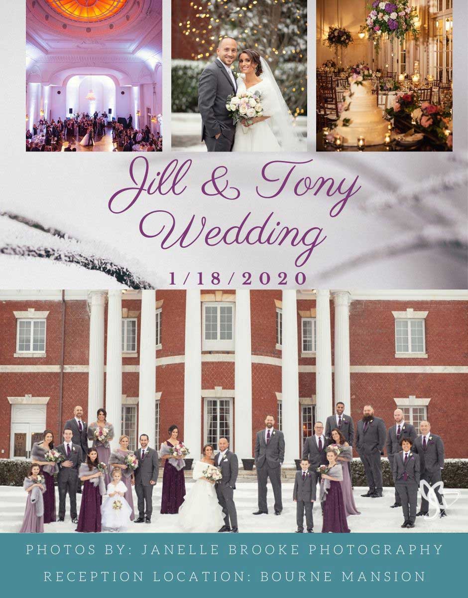 Multiple images showcasing Jill and Tony wedding. 