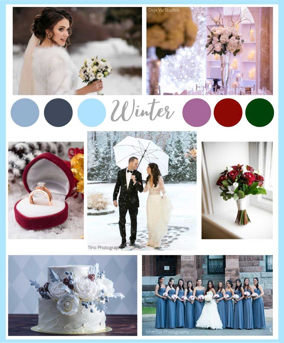 Winter wedding color schemes, floral and décor ideas