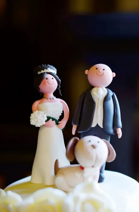 Bride, groom and dog cake topper on a wedding cake.