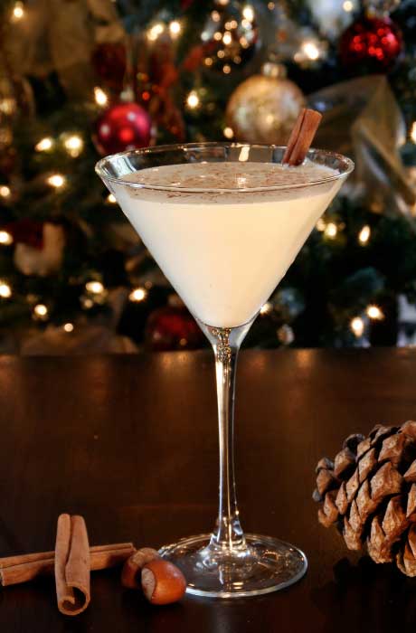Creamy holiday martini with cinnamon powder topping and a cinnamon stick. 