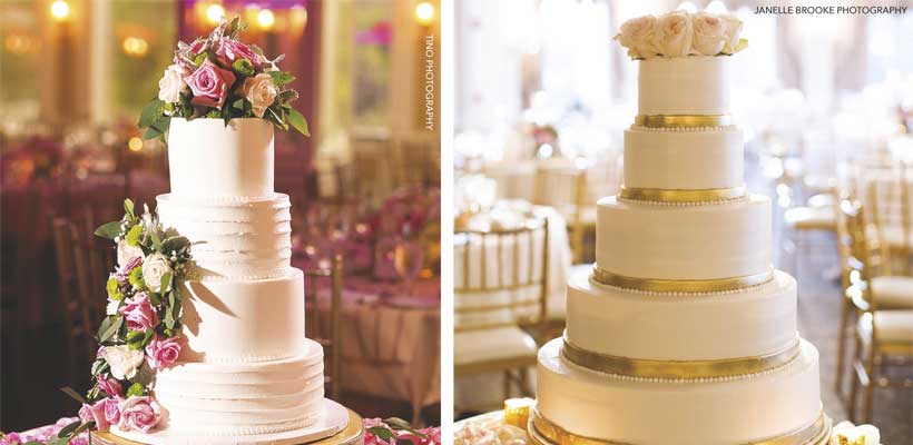 2 cake photos, one with colorful roses cascading down the side and one with white roses on the top o