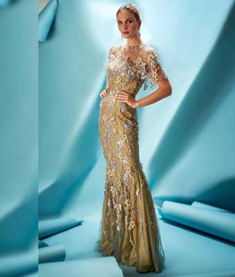 A gold and silver embroidered evening gown.